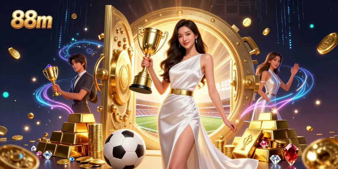 Bet on sports with 88m in a vibrant casino scene featuring trophies and riches.