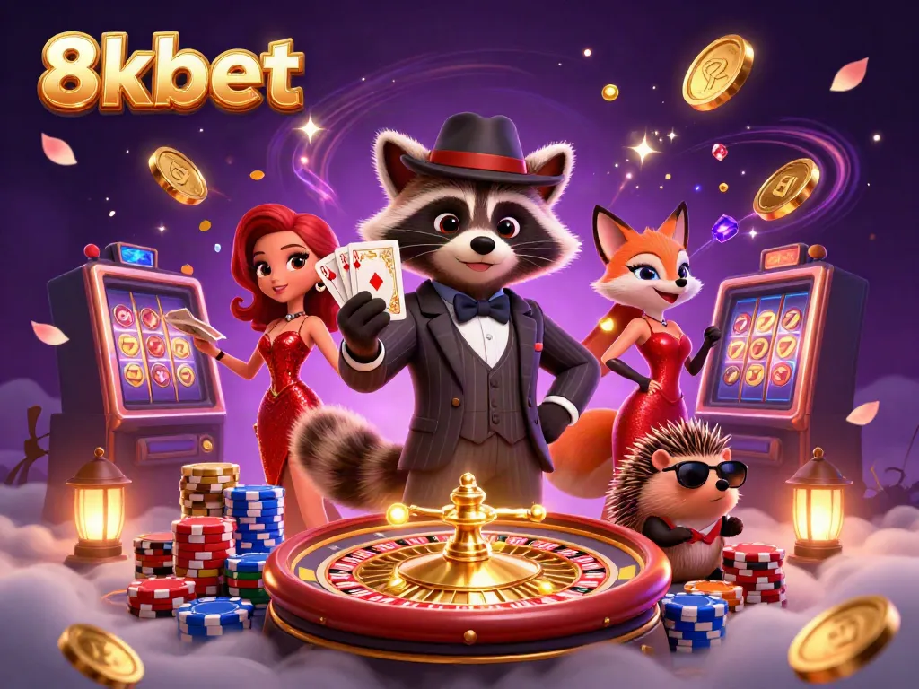 Engage with 8xbet's vibrant casino scene featuring raccoon and fox amidst flying coins and a roulette wheel.