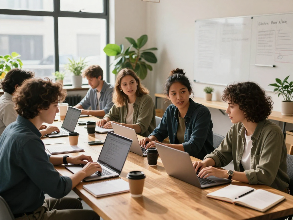 Solo traders collaborating in a vibrant coworking space, fostering creativity.
