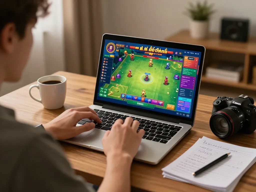 Engaging in game bài đổi thưởng on a laptop showing exciting gameplay in a warm home setting.