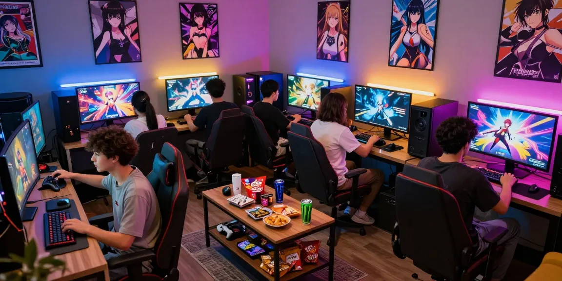 Gamers enjoying hentai games online in an inviting gaming lounge with vibrant visuals.
