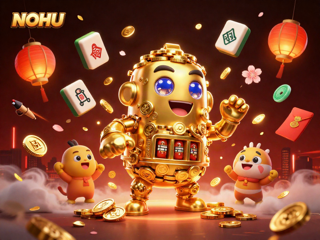 Experience the excitement of NOHU with a dynamic scene of a golden golem and festive casino elements.