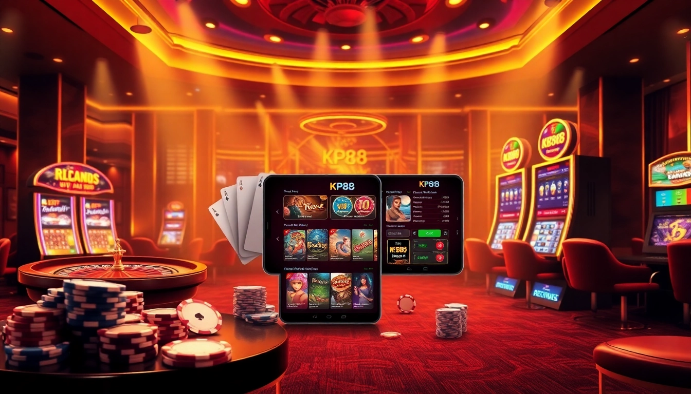 Engaging KP88 online gambling scene featuring poker chips and a roulette wheel.