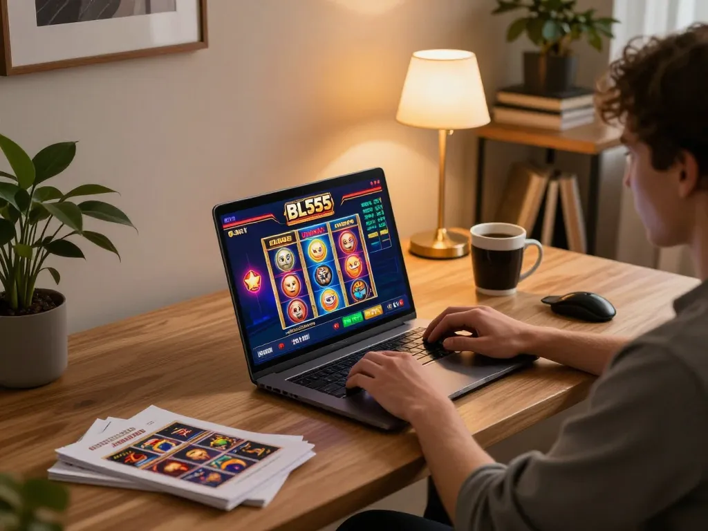 Player engaging with BL555 online casino on laptop, complete with strategies and cozy atmosphere.