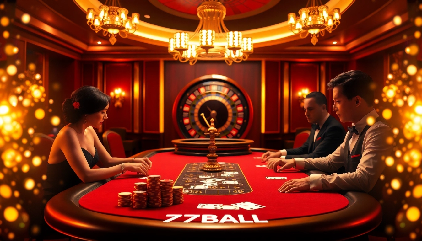 Engaging poker players enjoy a high-stakes game at a luxurious table with 77BALL branding.