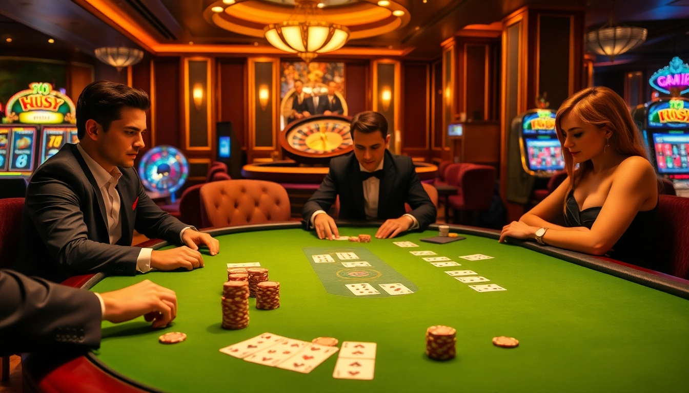 Exciting poker game scene at Luck8 casino with chips and cards on a luxury table.
