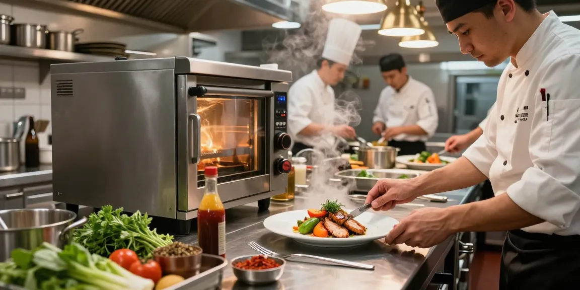 Chef using Unox Ovens in a bustling commercial kitchen preparing gourmet dishes.