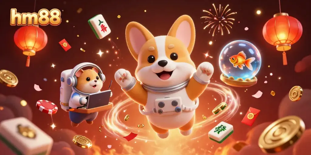 Experience thrilling gameplay at hm88 with a vibrant casino scene featuring a playful astronaut corgi.