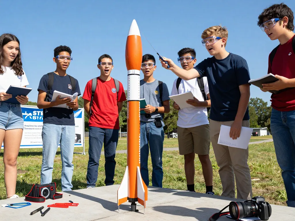 Students launching model rockets during a STEM education activity in the UK.