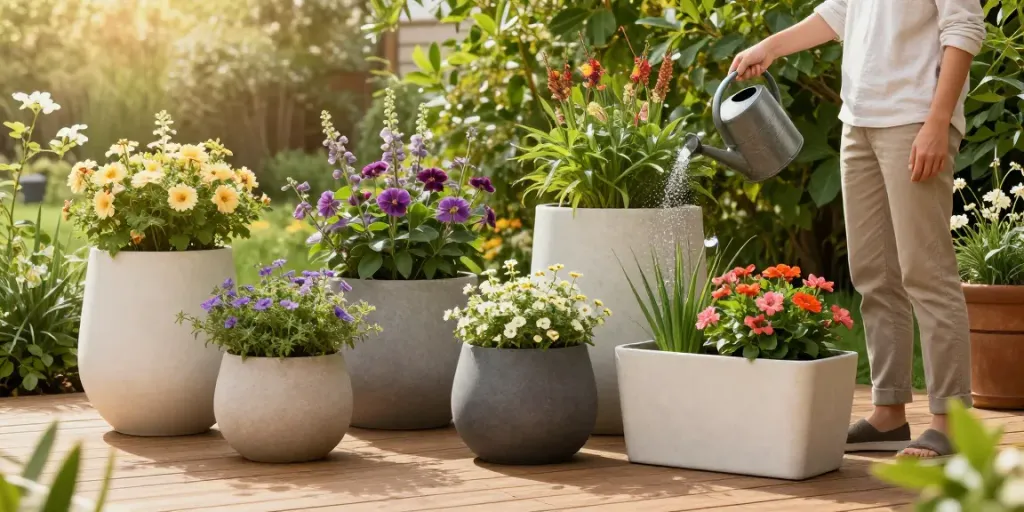 Explore idealistplanters.co.uk/catalogue/outdoor_planters/ featuring a serene outdoor garden scene with stylish planters, vibrant flowers, and a gardener tending to plants.
