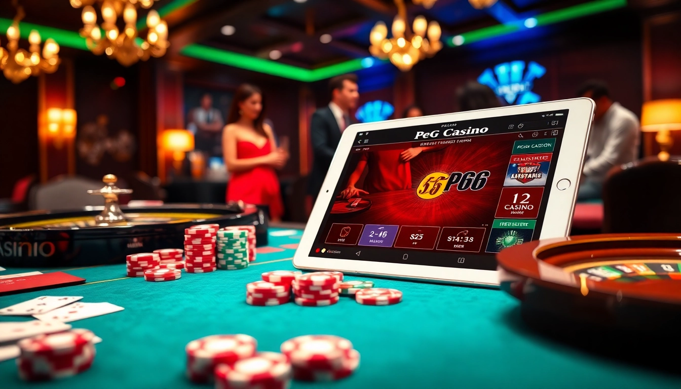 Exciting casino scene showcasing PG66 online gaming with poker chips and a roulette wheel.