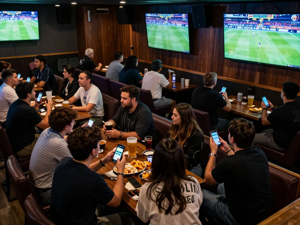 The hit club atmosphere comes alive as friends strategize over sports betting apps while watching games.
