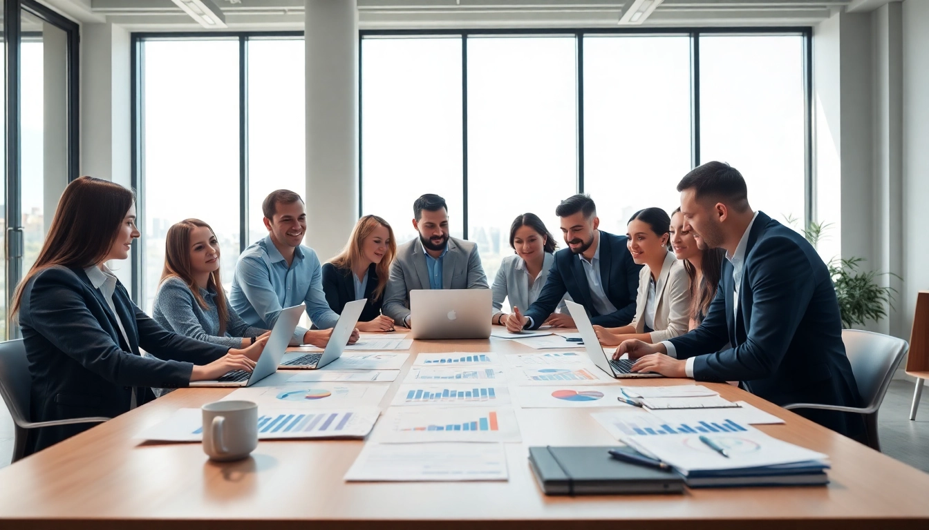 Analyze SEO performance metrics with a diverse team in a bright office setting.