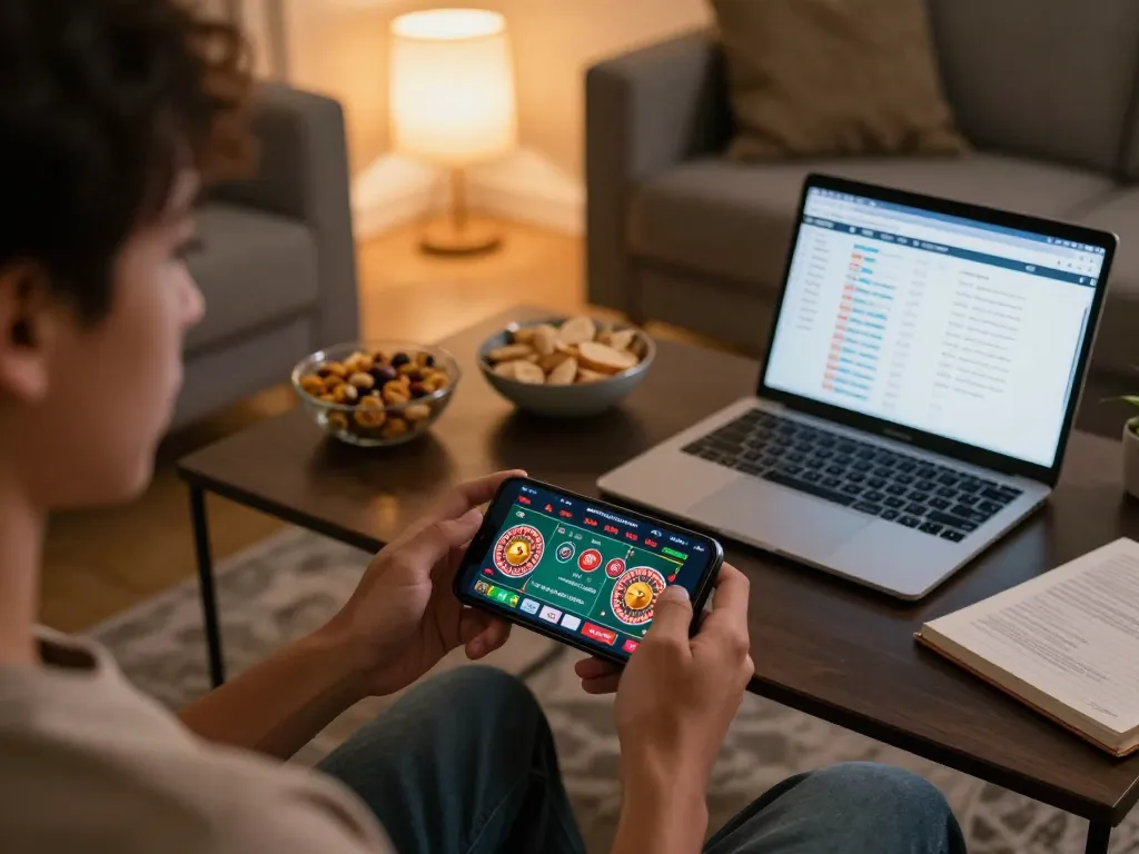 Engaging scene of a player using an online casino app, showcasing lc88 bio for a strategic gaming experience.