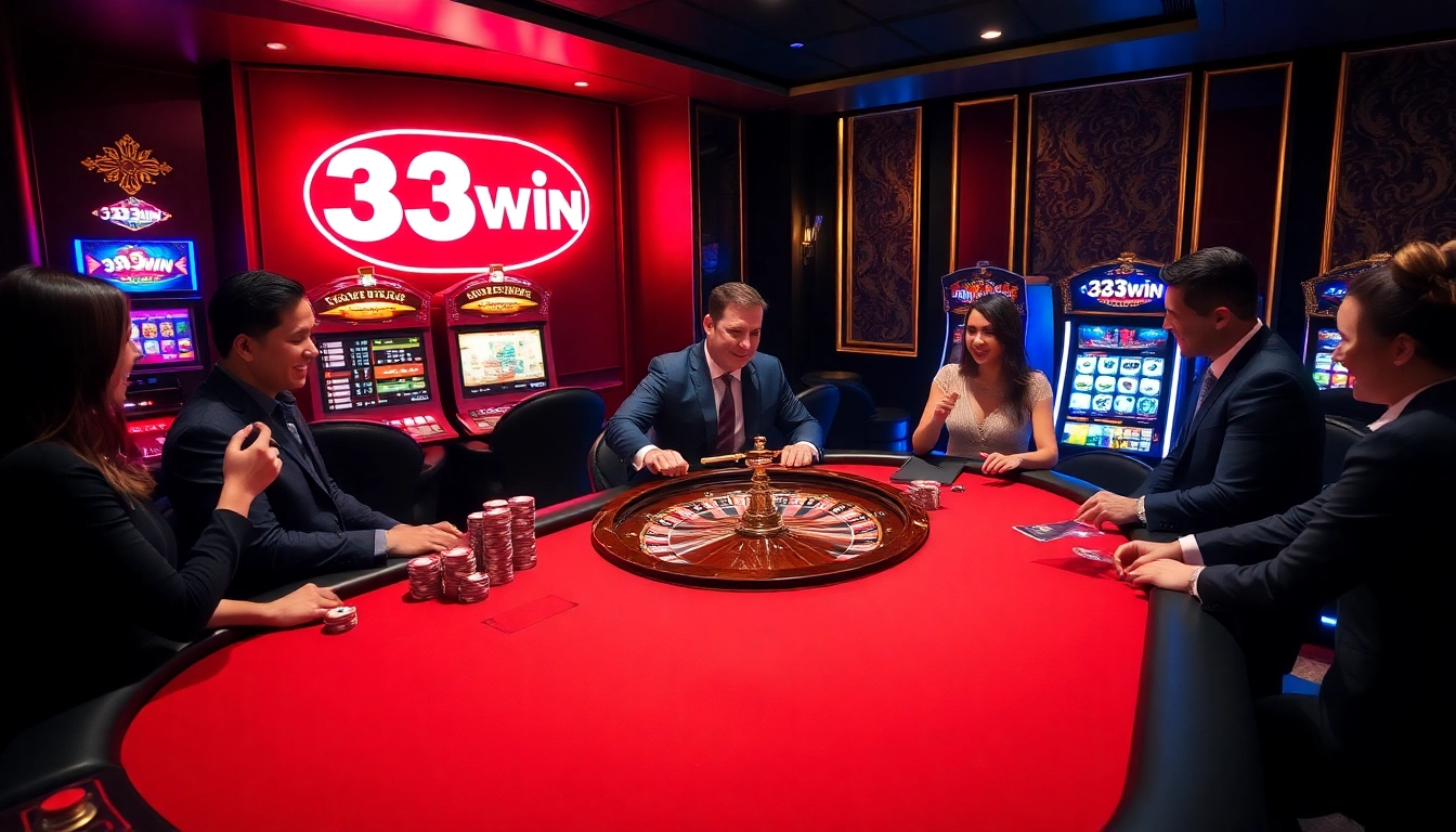 Players enjoying high-stakes gambling at a 33WIN casino table with vibrant gaming elements.