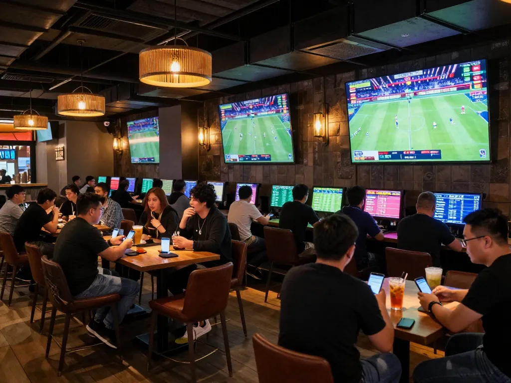 Fans engaging with kèo nhà cái while watching live sports in a lively bar setting