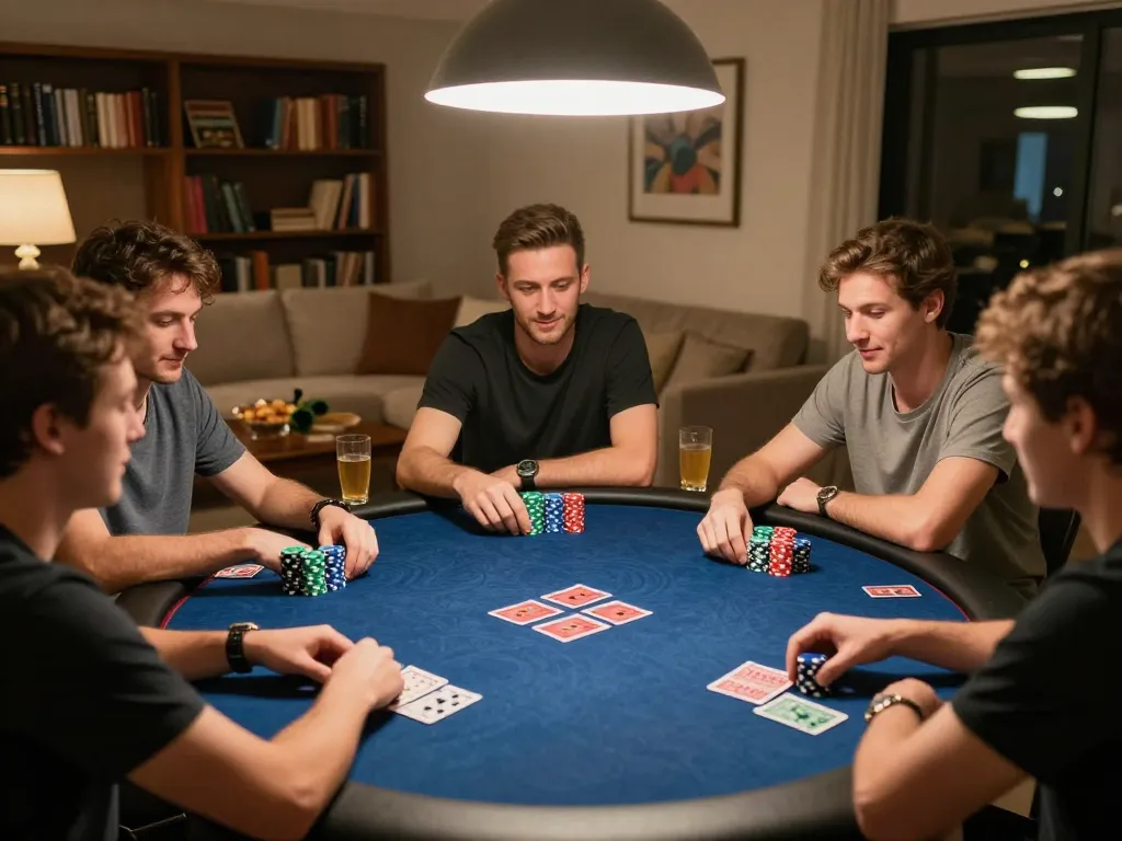 Nổ hũ players enjoying a friendly poker game with colorful chips and cards surrounded by drinks and snacks