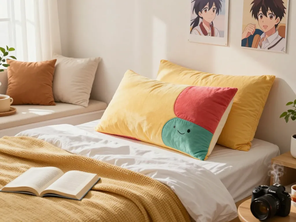 Cozy bedroom featuring a colorful dakimakura pillow on a well-arranged bed, inviting and warm atmosphere.