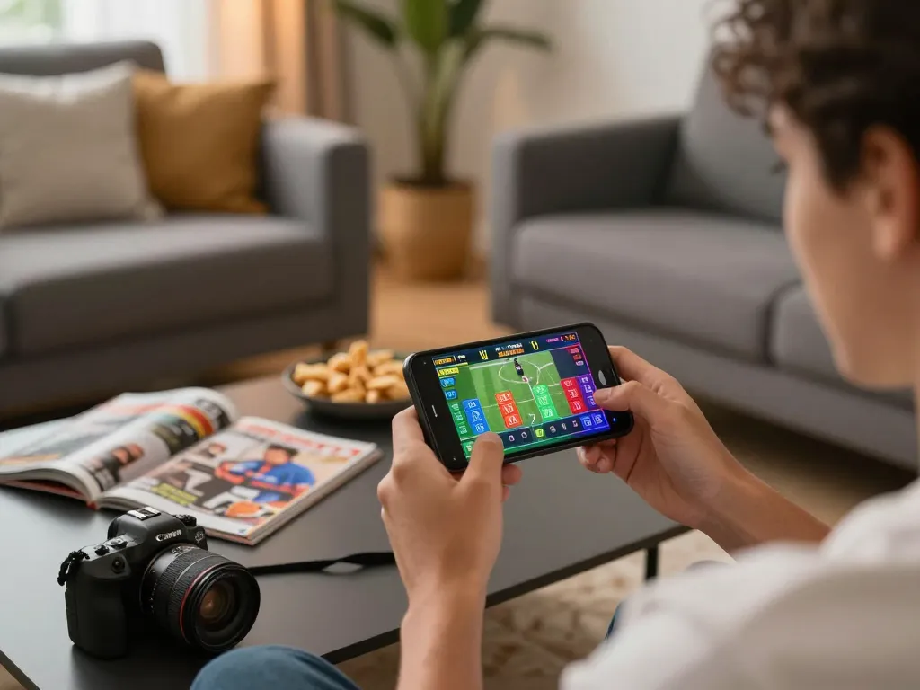 Engaging in sports betting on a smartphone at home with bong99, showcasing excitement and strategy.