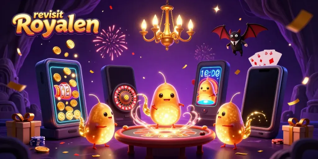 Engage with the vibrant cave casino scene featuring glowing worms and games, revisiting Royalen.
