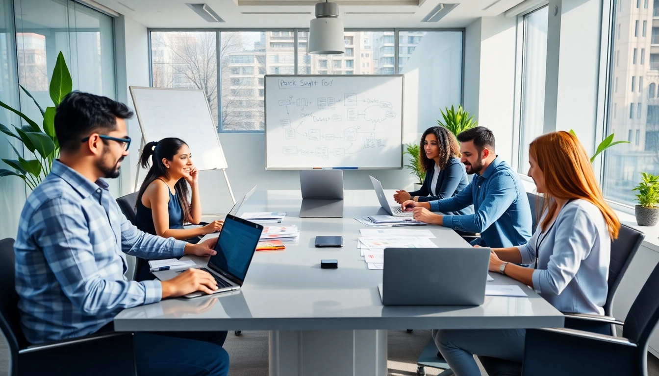 Business professionals collaborating to set up a company in the US in a modern office setting.