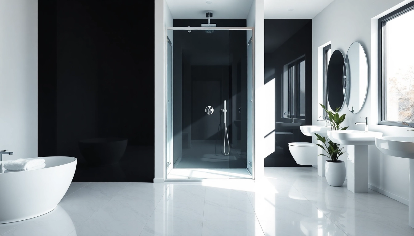 Enhance your bathroom's elegance with a stylish black shower door that exudes modern sophistication.