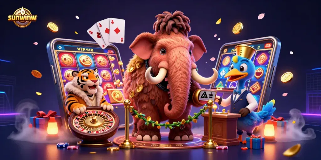 Engage with sunwinw at the vibrant casino scene featuring unique characters and exciting gaming elements.