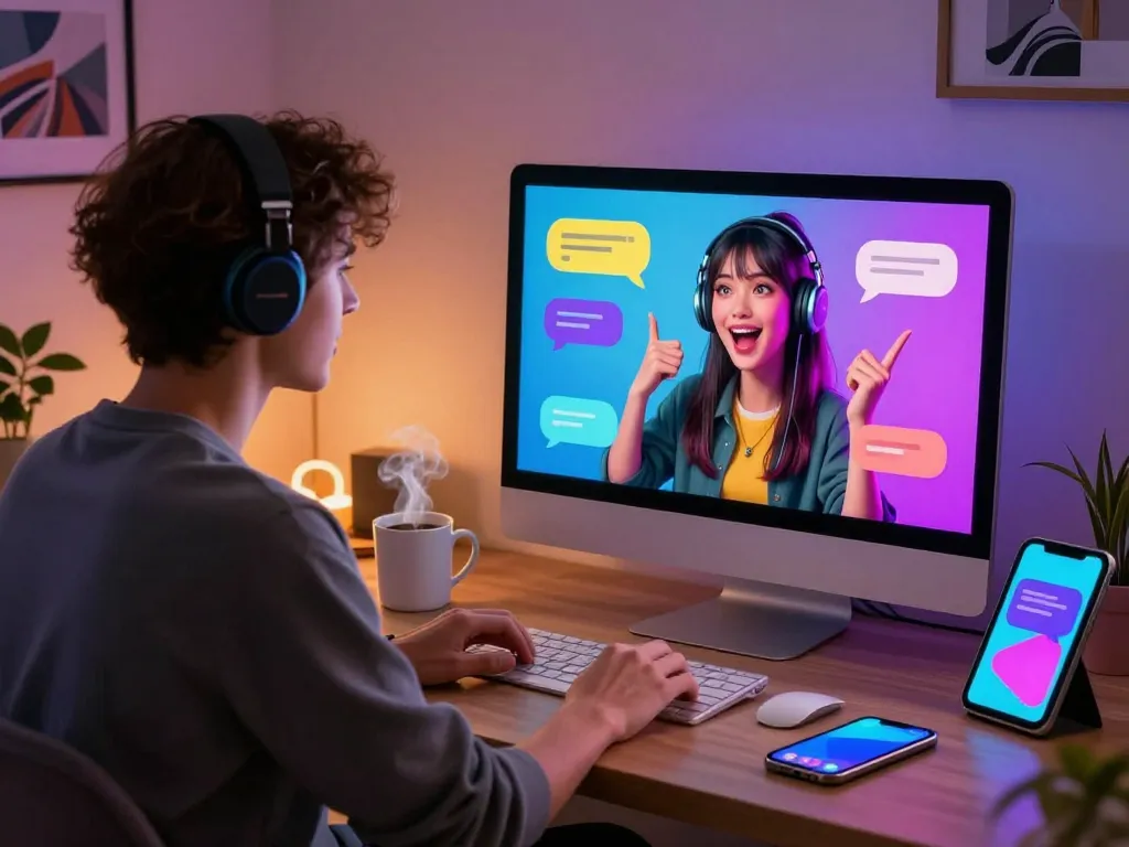 Engaging NSFW AI chat interaction scene with user and AI character in a modern cozy space.