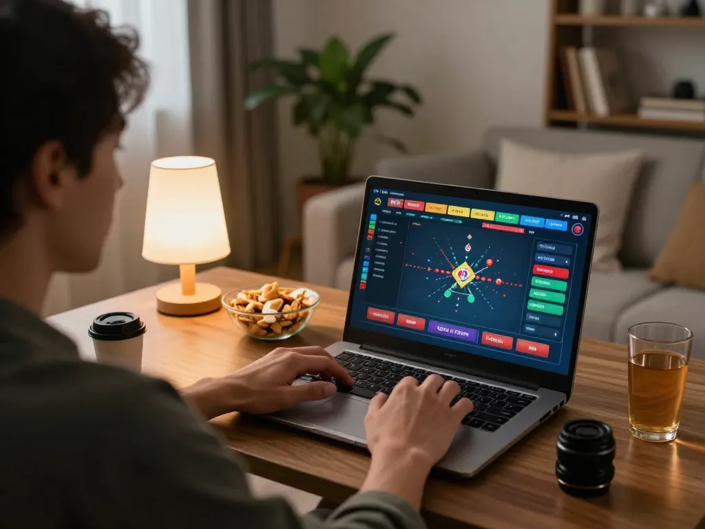 Engaging in online gambling at home with 12nk88.com on the laptop screen, showcasing a cozy setup.