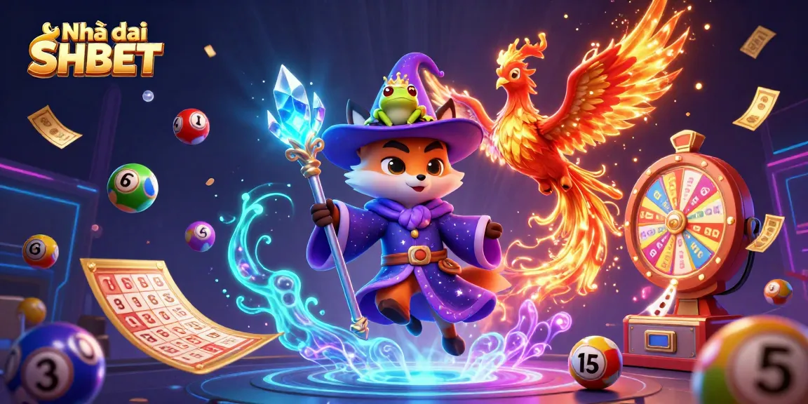 Experience the thrill of Nhà cái SHBET with vibrant lottery games, a wizard fox, and a phoenix in a 3D casino scene.