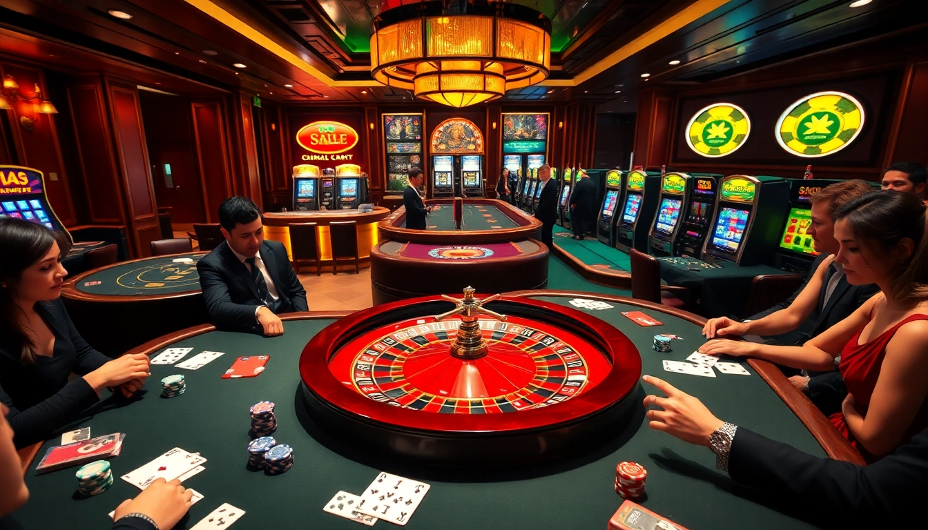 C54.gb.net casino scene with players eagerly betting at a roulette wheel and poker table.