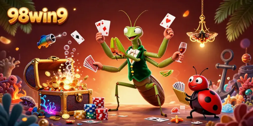 Experience the vibrant excitement of 98win9 with a dynamic illustration of a giant praying mantis card sharp surrounded by casino elements.