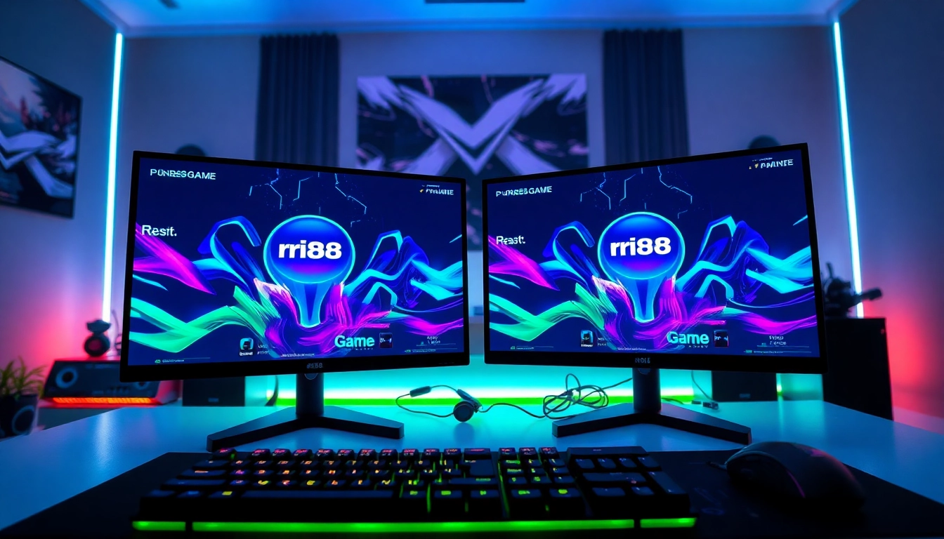 View of a gaming setup featuring rr88 Game displayed on dual monitors, showcasing vibrant designs.