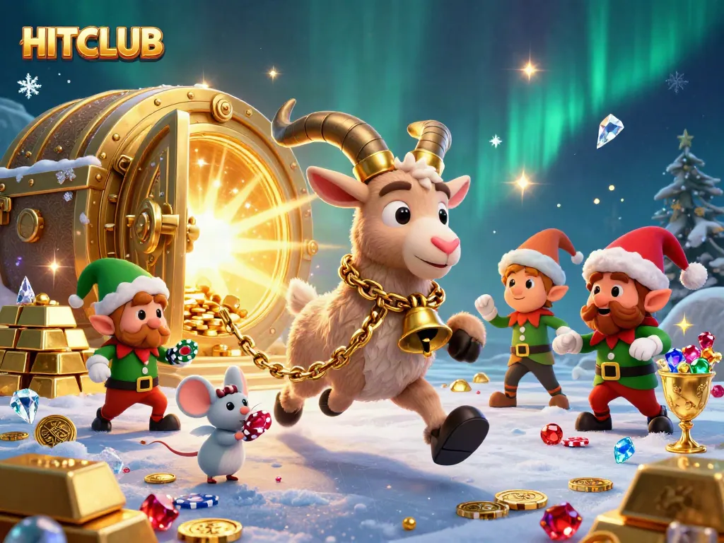 Engage with HITCLUB's thrilling 3D casino scene filled with festive characters and treasures.