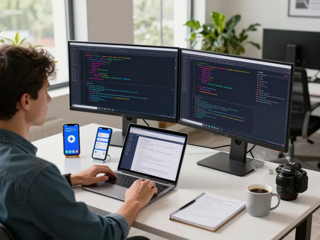 Developer enhancing the open claw personal AI assistant in a modern workspace, showcasing productivity tools and coding.