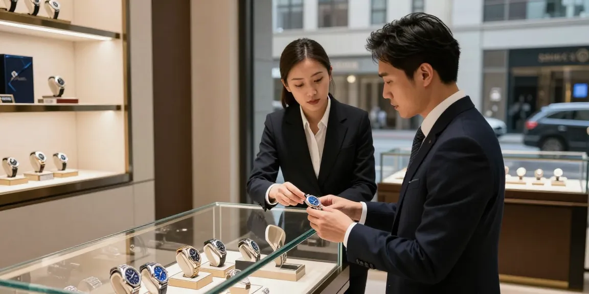 Exquisite display of a replica watch in an upscale urban boutique, showcasing luxury craftsmanship and elegance.