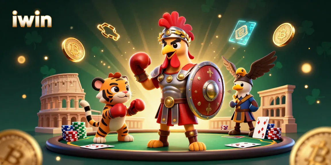 Engage with iwin casino games featuring a gladiator rooster and tiger in a lively arena.