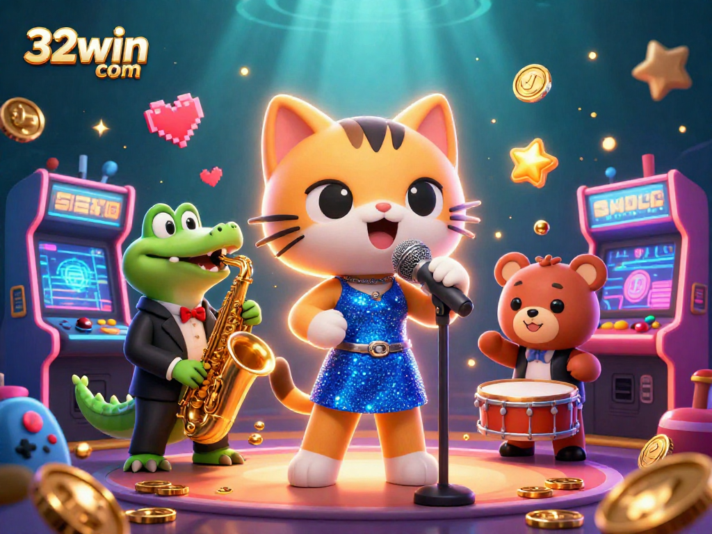 Experience the vibrant excitement of 32win com with casino characters and gaming elements in a lively illustration.