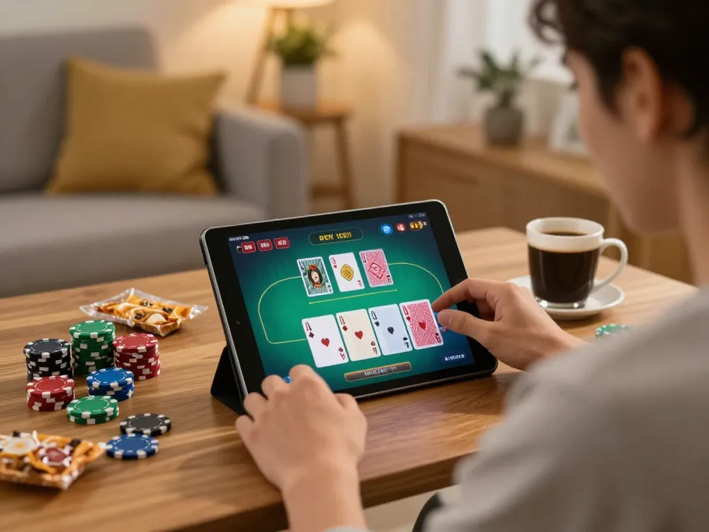 Player using EE88 app on tablet, enjoying online poker game with cozy home setting.