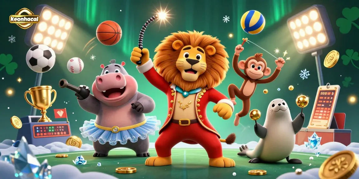Engage with keonhacai to win big in this vibrant 3D circus-themed sports betting illustration.