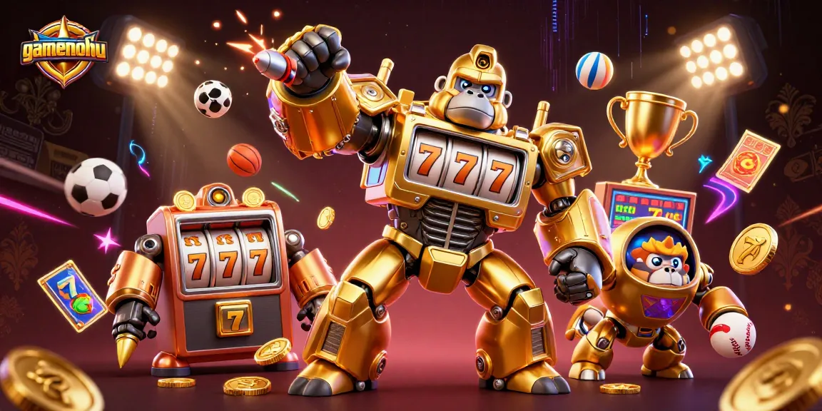 Experience gamenohu's thrilling jackpot scene with a vibrant golden gorilla mech and dynamic sports elements.