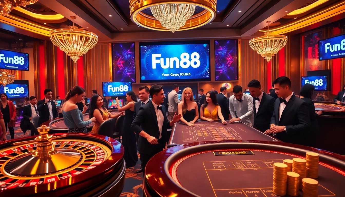 Exciting Fun88 casino scene featuring roulette, blackjack tables, and vibrant gameplay.