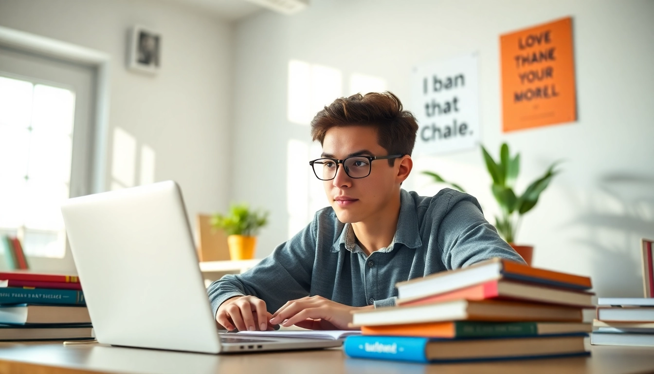 Engaged student receiving online exams help in a bright study setting.