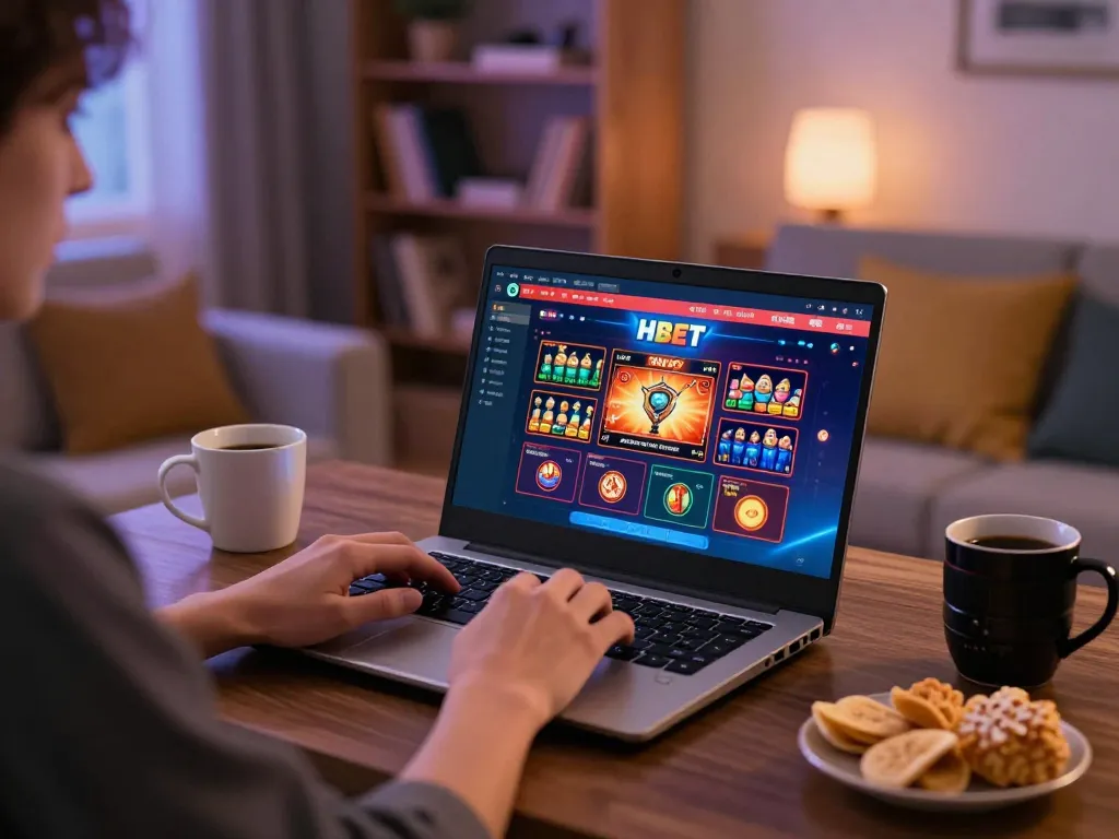 Hbet online gaming setup with player engaging in strategic bets and game options on laptop