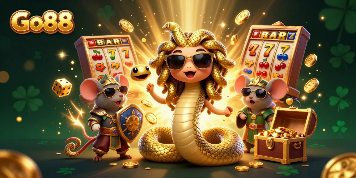 Experience jackpots at Go88 with dynamic elements, Medusa, and a stone warrior mouse in an engaging casino scene.