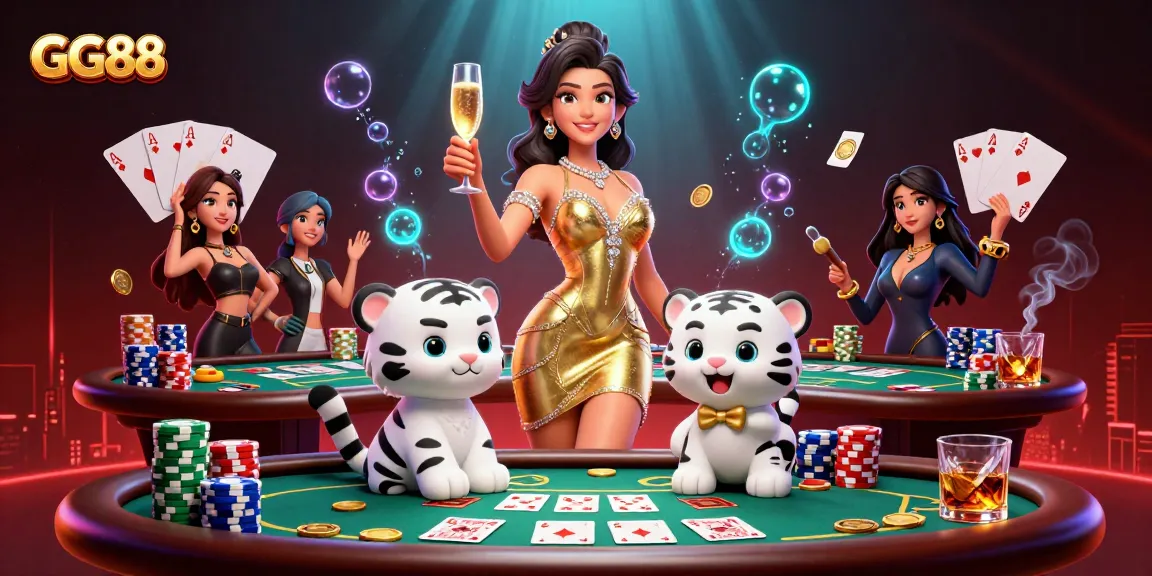 GG88’s thrilling casino scene showcases a glamorous woman and a lucky tiger cub surrounded by poker chips.