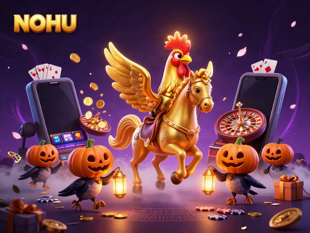 NOHU casino illustration featuring a golden rooster in a magical midnight setting, symbolizing luck and adventure.