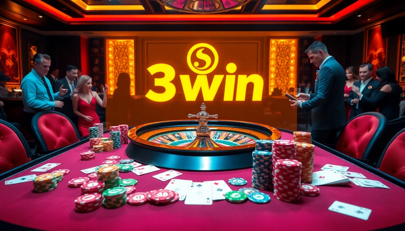 Excited players engaging at the 3win casino table, featuring poker chips and a roulette wheel.