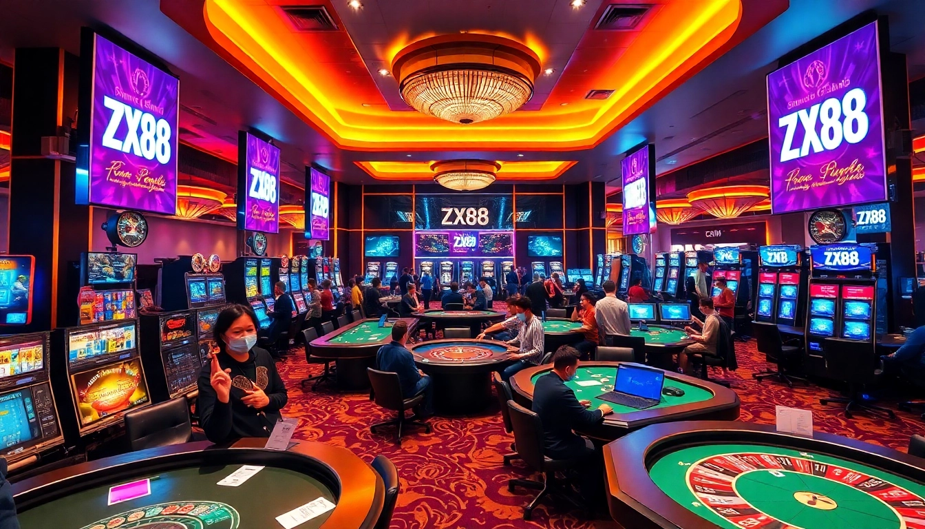 Players enjoying the exciting gaming atmosphere at ZX88 casino with slot machines and poker tables.