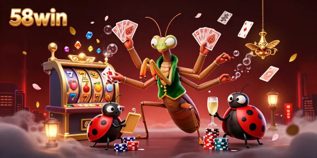 58win showcases a vibrant casino scene with a mantis dealer, ladybug pit boss, and animated slot games.
